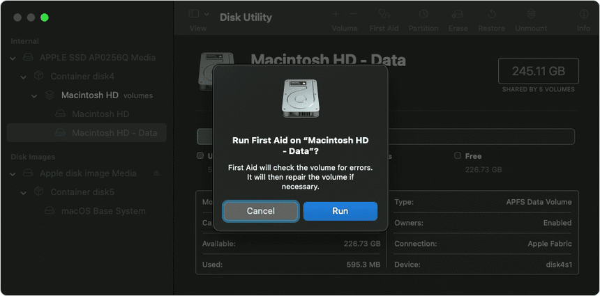 macOS Recovery Mode Disk Utility showing First Aid interface